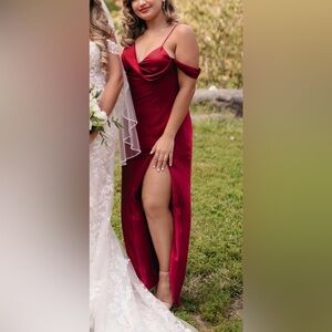 Meshki Soleil Satin Off Shoulder Maxi Dress